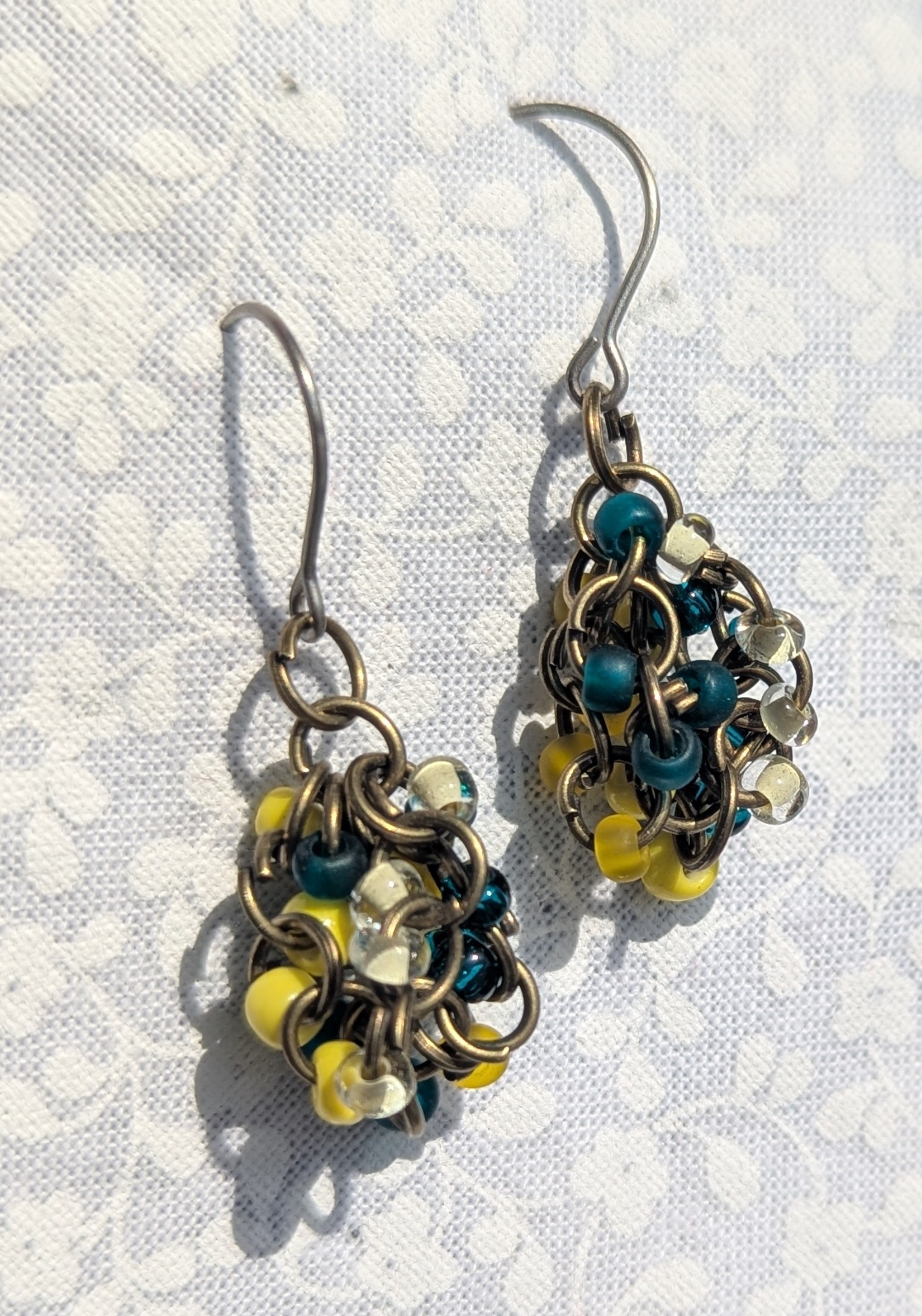 Yellow-Teal-White and Bronze Earrings A1014