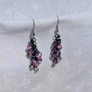 Midnight lavender earrings are Elegant black, lavender and clear beaded handmade earrings with dark jump rings.