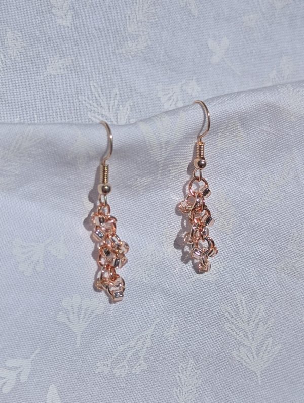 Sunset Rose Drops: Delicate pink rose gold earrings with silver-lined pink beads, rose-gold jump rings, and rose-gold earring hooks.