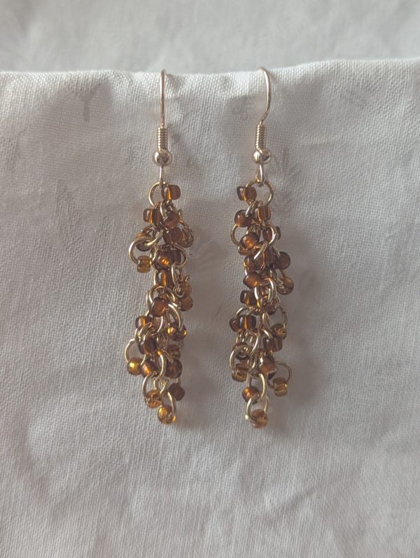 Golden Roast earrings with 27 brown-toned beads—clear brown, silver-lined brown, and pearly brown—linked with gold-colored jump rings and matching earring hooks.