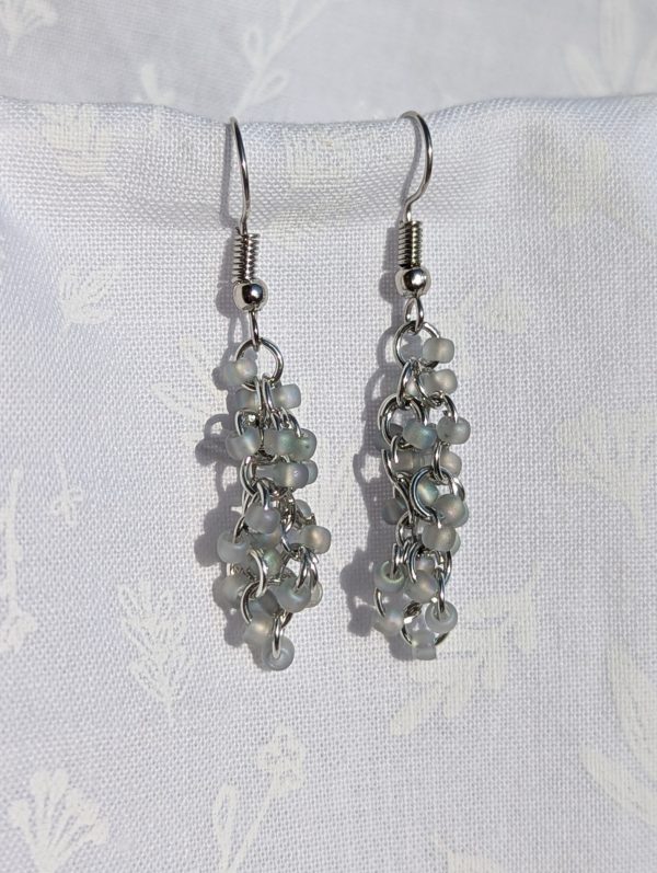 The Stormy Skies Earrings offer a cascade of blue-gray iridescent beads, reminiscent of the sky over the ocean before a storm. Featuring 22 beads and finished with sturdy jump rings and matching earring hooks, they are an elegant addition to any look.