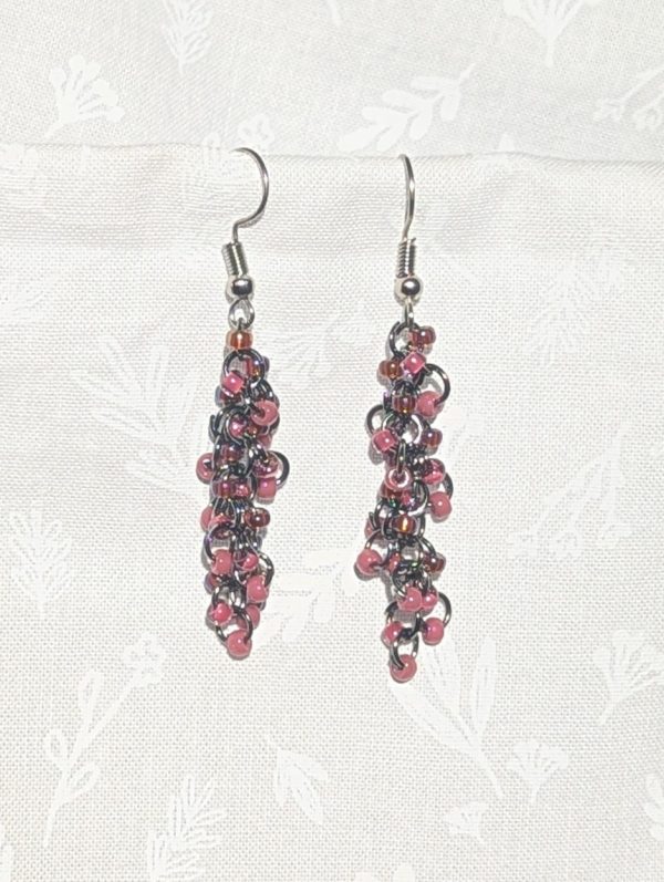 Dusky Bloom Earrings: Earrings made with 27 mauve and garnet-toned beads, connected with tungsten jump rings and steel earring hooks.