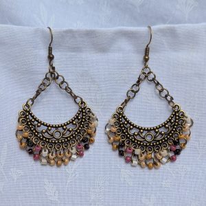 Desert Bloom Earrings: Tibetan-style bronze earrings with 30 glass beads in earthy tan, pearly beige, rose, wine red, and pearly cream.