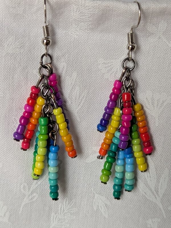Rainbow Burst Earrings: Vibrant handmade earrings featuring 64 glossy glass seed beads in 32 different rainbow colors, hung in 8 clustered strands from tungsten posts with steel hooks.