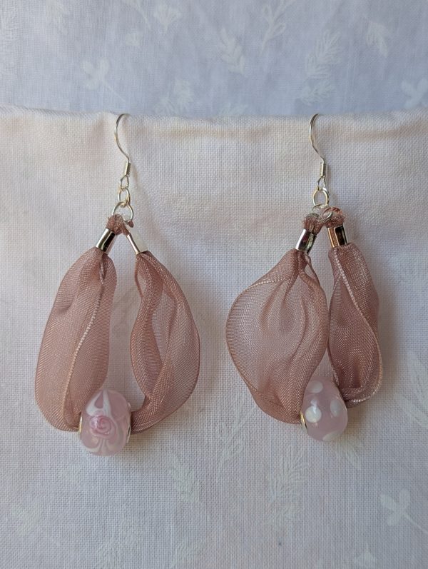Pink and White Ribbon and Glass Bead Earrings