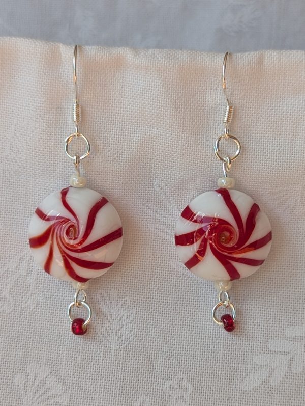 Handmade Starlight Mint Christmas earrings with red and white glass candy beads and pearly white and shiny red accents on sterling silver hooks.