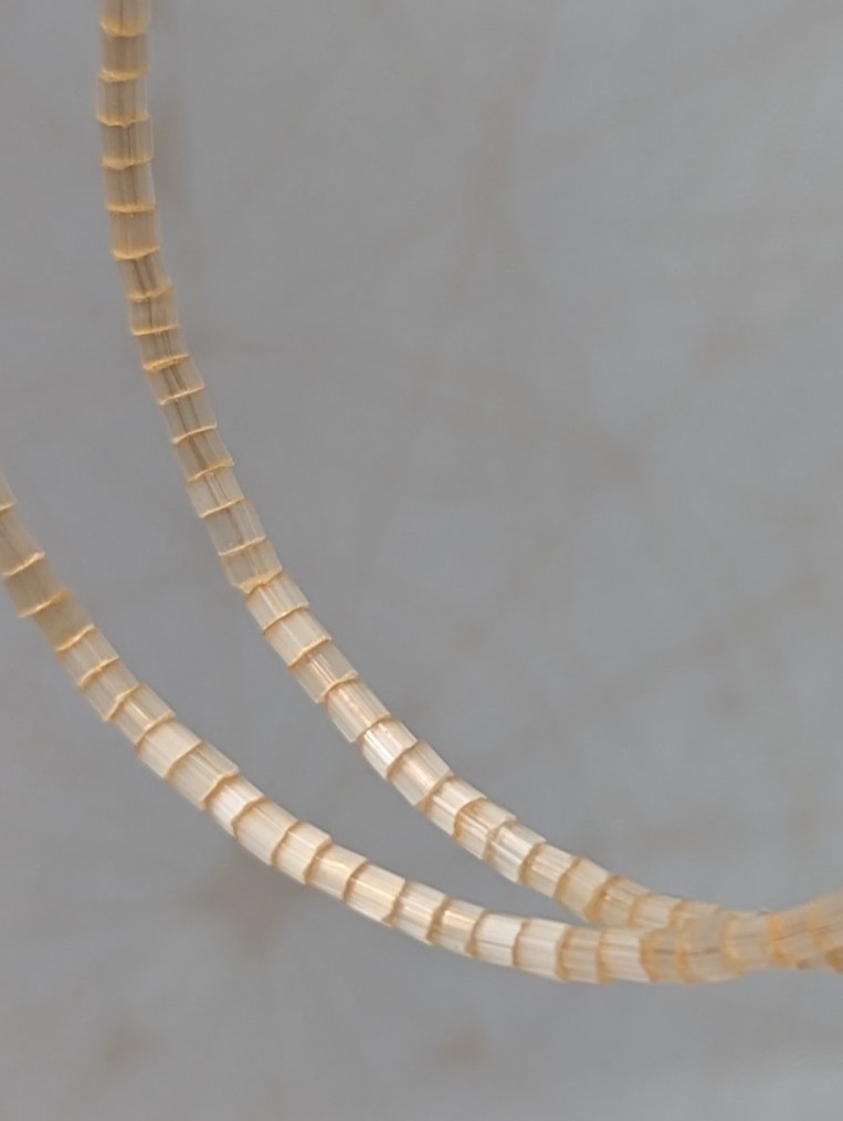 Handmade ivory beaded hoop earrings on rose-gold-colored memory wire with matching rose-gold French hooks.