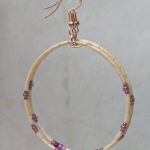Handmade rose gold hoop earrings with ivory tube beads and lavender, mauve, plum, and orchid purple glass bead accents on rose gold French hooks.