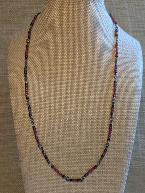 Tungsten chain necklace with maroon and mauve gradient glass seed beads in wine and rose tones with lobster clasp